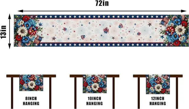 Alt view image 7 of 7 - Memorial Day Patriotic 4th of July Table Runner,Red White and Blue Flowers Table Decor Veterans Day Independence Day Decorations and Supplies for Home Kitchen Table-13×72''