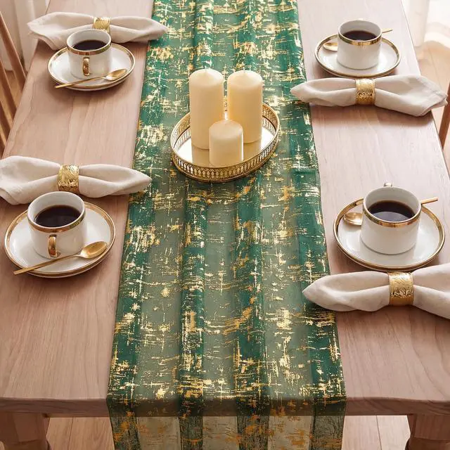 Alt view image 3 of 6 - Artoid Mode Green Gold Gauze Table Runner 120 Inch, Sheer Glitter for Christmas, Wedding, Dining, Anniversary, Holiday Party Decor