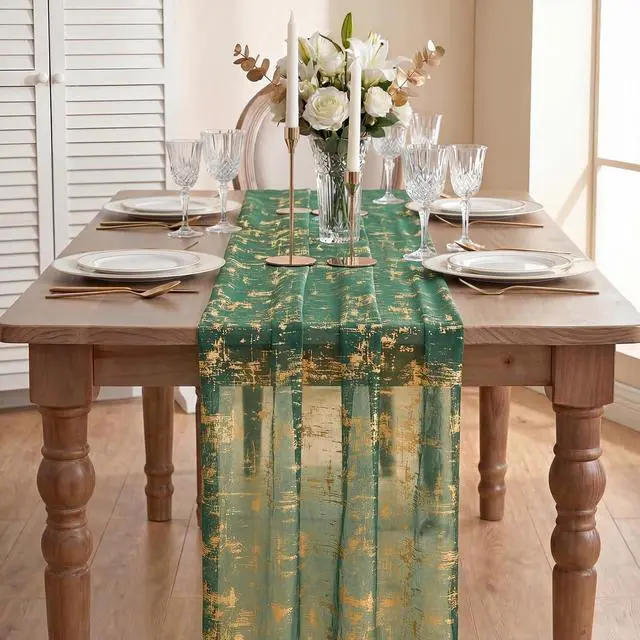 Alt view image 2 of 6 - Artoid Mode Green Gold Gauze Table Runner 120 Inch, Sheer Glitter for Christmas, Wedding, Dining, Anniversary, Holiday Party Decor