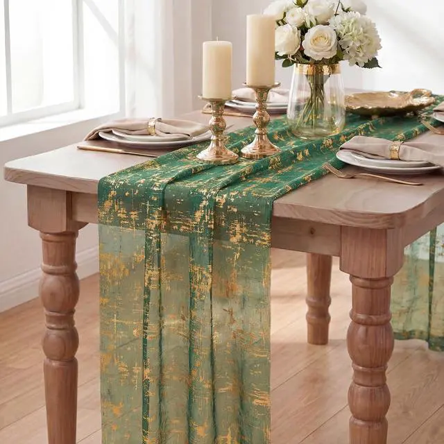 Alt view image 4 of 6 - Artoid Mode Green Gold Gauze Table Runner 120 Inch, Sheer Glitter for Christmas, Wedding, Dining, Anniversary, Holiday Party Decor