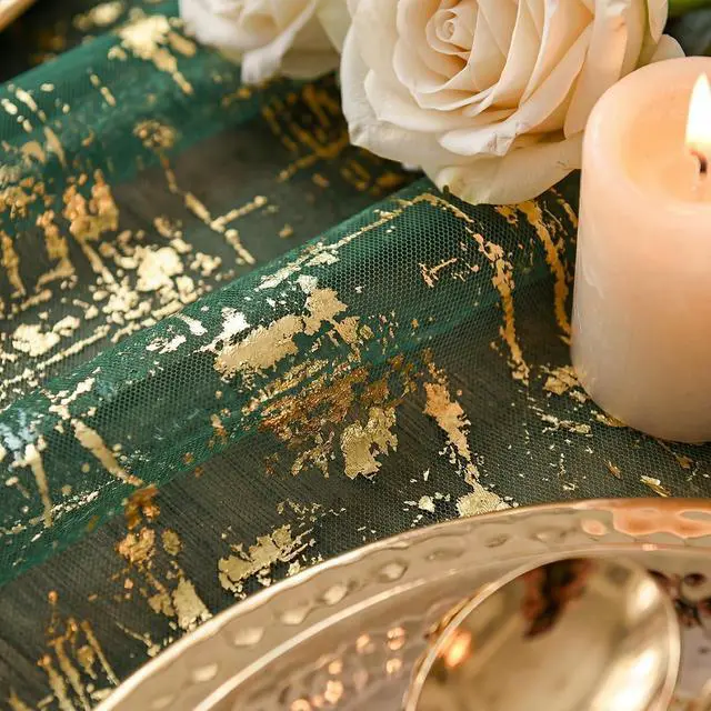 Alt view image 5 of 6 - Artoid Mode Green Gold Gauze Table Runner 120 Inch, Sheer Glitter for Christmas, Wedding, Dining, Anniversary, Holiday Party Decor