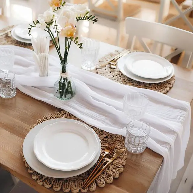 Alt view image 6 of 7 - Cheesecloth Table Runner, 120 Inch 10 FT, White | 1 Pack, 35x120 Inches Boho Rustic Cheesecloth Gauze, Cheese Cloth Runner for Weddings, Thanksgiving, and Party Decor