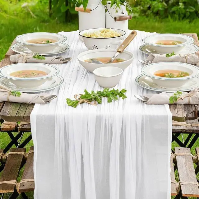 Alt view image 7 of 7 - Cheesecloth Table Runner, 120 Inch 10 FT, White | 1 Pack, 35x120 Inches Boho Rustic Cheesecloth Gauze, Cheese Cloth Runner for Weddings, Thanksgiving, and Party Decor