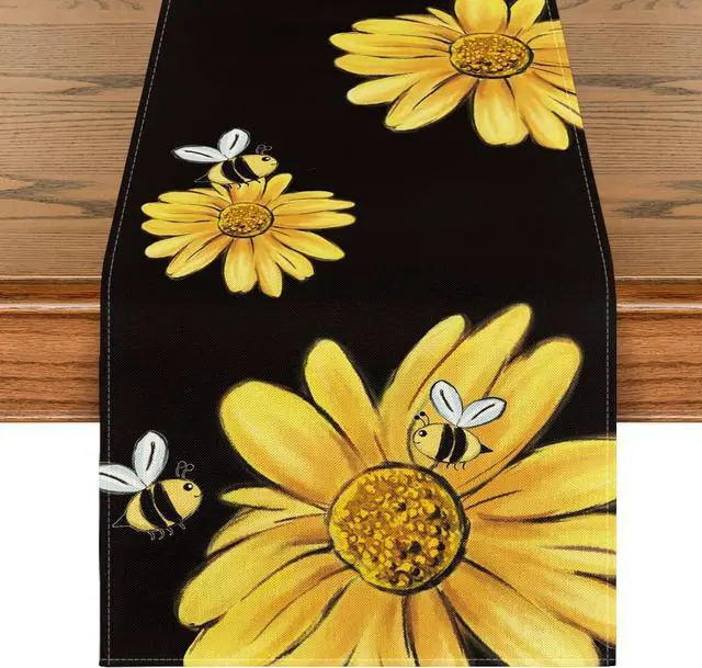 Main image of Artoid Mode Bee Sunflower Table Runner Black, Seasonal Spring Summer Flowers Holiday Kitchen Dining Table Decoration for Home Party Decor 13 x 72 Inch