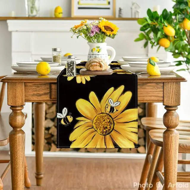 Alt view image 2 of 7 - Artoid Mode Bee Sunflower Table Runner Black, Seasonal Spring Summer Flowers Holiday Kitchen Dining Table Decoration for Home Party Decor 13 x 72 Inch