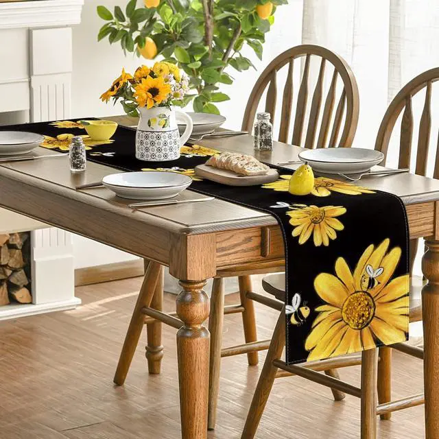 Alt view image 4 of 7 - Artoid Mode Bee Sunflower Table Runner Black, Seasonal Spring Summer Flowers Holiday Kitchen Dining Table Decoration for Home Party Decor 13 x 72 Inch