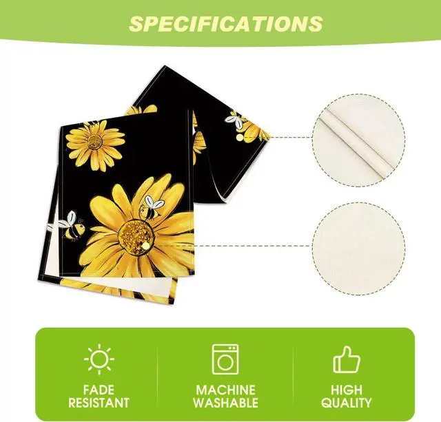 Alt view image 5 of 7 - Artoid Mode Bee Sunflower Table Runner Black, Seasonal Spring Summer Flowers Holiday Kitchen Dining Table Decoration for Home Party Decor 13 x 72 Inch