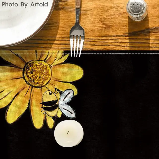 Alt view image 7 of 7 - Artoid Mode Bee Sunflower Table Runner Black, Seasonal Spring Summer Flowers Holiday Kitchen Dining Table Decoration for Home Party Decor 13 x 72 Inch