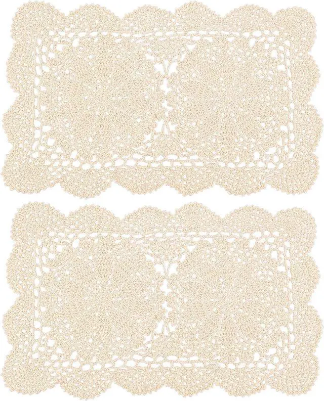 Main image of AUEAR, 2 Pcs Crochet Cotton Lace Placemats Doilies Rectangle Doily Beige Handmade for Dressers and End Tables, 17 * 9.5 inch