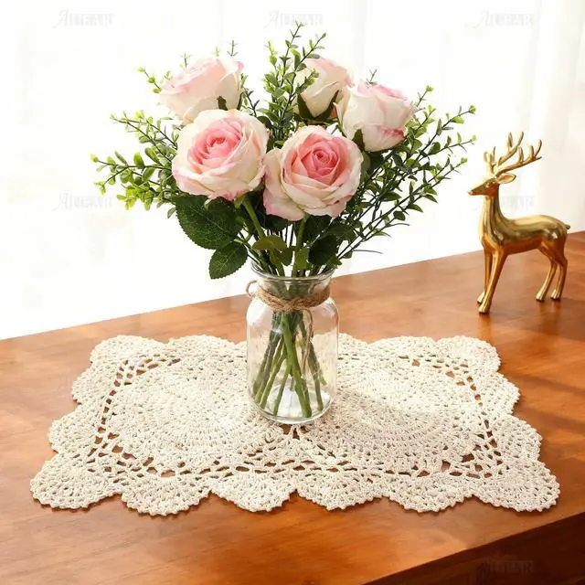 Alt view image 6 of 7 - AUEAR, 2 Pcs Crochet Cotton Lace Placemats Doilies Rectangle Doily Beige Handmade for Dressers and End Tables, 17 * 9.5 inch