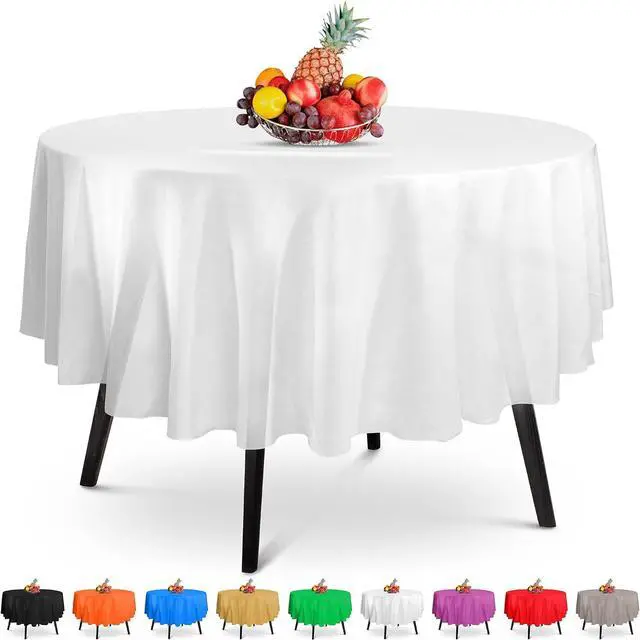 Main image of HSGUS 5 Pack Premium Round White Plastic Tablecloth - 84 x in. Disposable Table Cloth - Decorative Cover Smooth - Cloths For Parties, Weddings