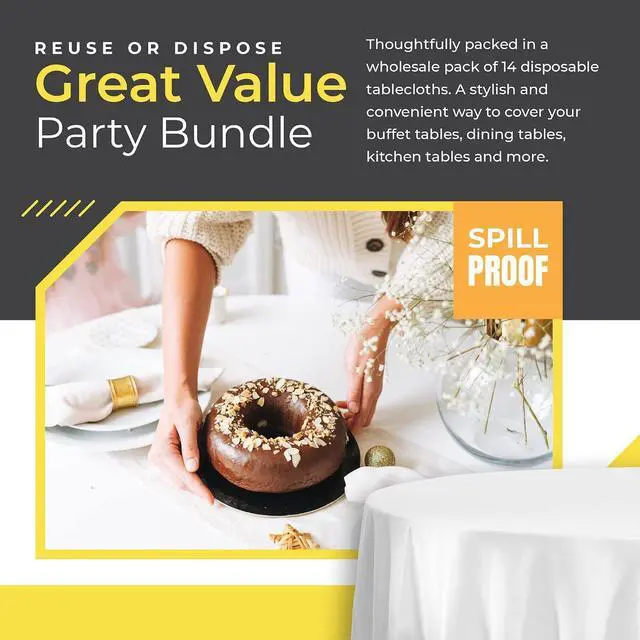Alt view image 3 of 5 - HSGUS 5 Pack Premium Round White Plastic Tablecloth - 84 x in. Disposable Table Cloth - Decorative Cover Smooth - Cloths For Parties, Weddings