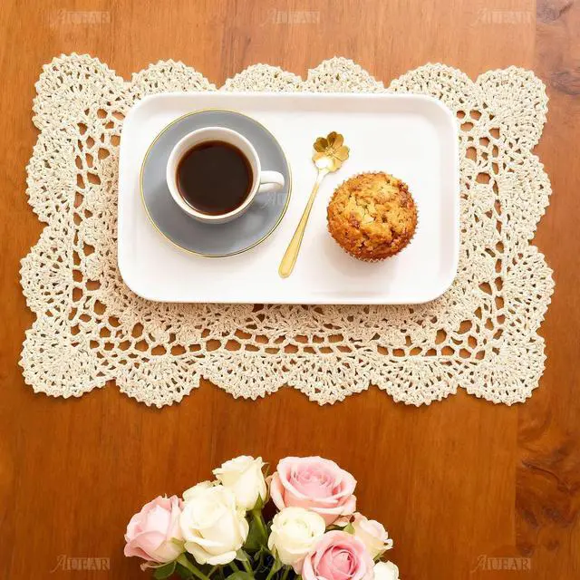 Alt view image 7 of 7 - AUEAR, 2 Pcs Crochet Cotton Lace Placemats Doilies Rectangle Doily Beige Handmade for Dressers and End Tables, 17 * 9.5 inch