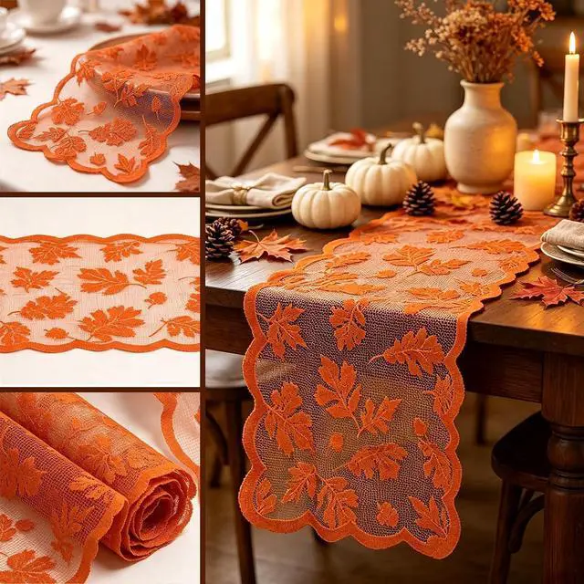 Alt view image 2 of 6 - Fall Table Runner Fall Decorations for Home 13 x 72 Inch Maples Leaves Lace | Fall Decor Orange Runners Thanksgiving Table Runner Autumn Harvest Thanksgiving Decorations for Table Kitchen Dining Party