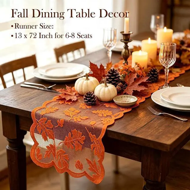 Alt view image 3 of 6 - Fall Table Runner Fall Decorations for Home 13 x 72 Inch Maples Leaves Lace | Fall Decor Orange Runners Thanksgiving Table Runner Autumn Harvest Thanksgiving Decorations for Table Kitchen Dining Party