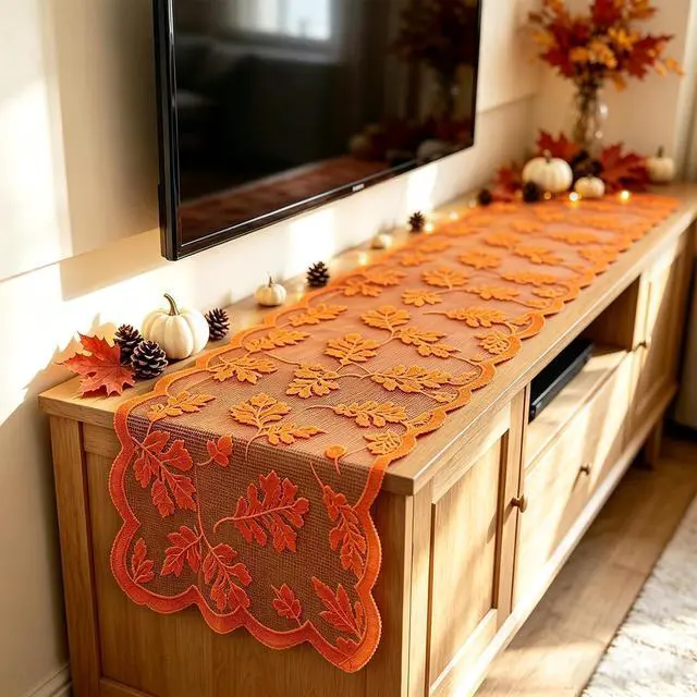 Alt view image 6 of 6 - Fall Table Runner Fall Decorations for Home 13 x 72 Inch Maples Leaves Lace | Fall Decor Orange Runners Thanksgiving Table Runner Autumn Harvest Thanksgiving Decorations for Table Kitchen Dining Party