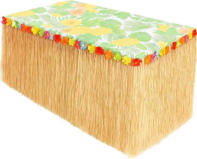 Main image of GiftExpress 9 Feet x 29.5" Luau Grass Table Skirt - Hawaiian Theme Party Skirt with Hibiscous Flower Decoration - Fringe Raffia Natural Straw Colored Backdrop for Luau Tropical Theme Décor