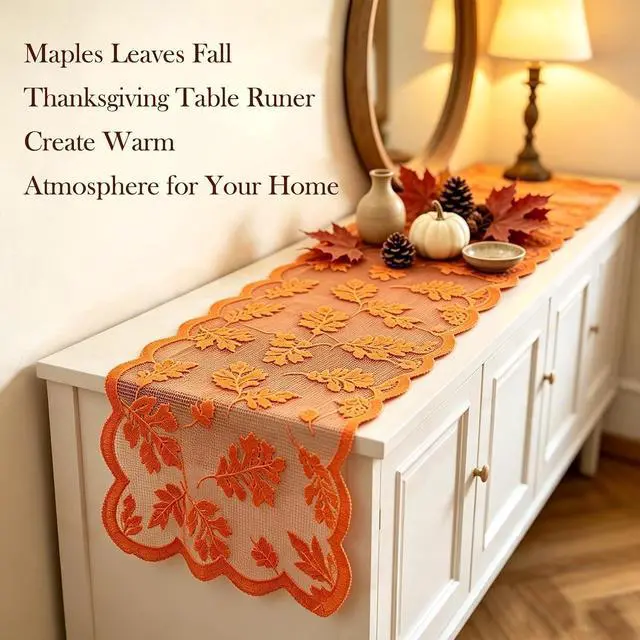 Alt view image 5 of 6 - Fall Table Runner Fall Decorations for Home 13 x 72 Inch Maples Leaves Lace | Fall Decor Orange Runners Thanksgiving Table Runner Autumn Harvest Thanksgiving Decorations for Table Kitchen Dining Party