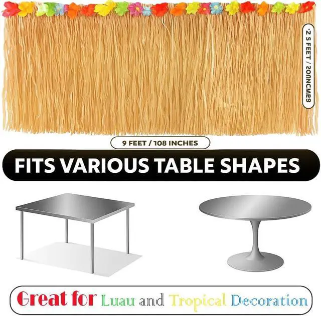 Alt view image 3 of 7 - GiftExpress 9 Feet x 29.5" Luau Grass Table Skirt - Hawaiian Theme Party Skirt with Hibiscous Flower Decoration - Fringe Raffia Natural Straw Colored Backdrop for Luau Tropical Theme Décor