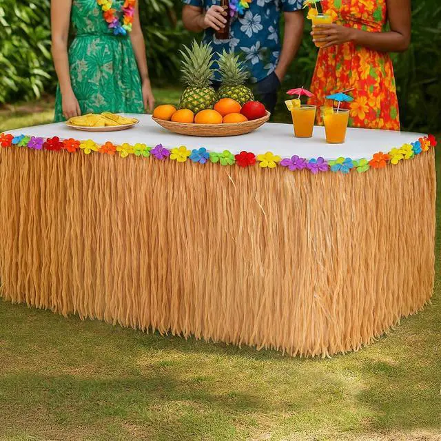 Alt view image 2 of 7 - GiftExpress 9 Feet x 29.5" Luau Grass Table Skirt - Hawaiian Theme Party Skirt with Hibiscous Flower Decoration - Fringe Raffia Natural Straw Colored Backdrop for Luau Tropical Theme Décor