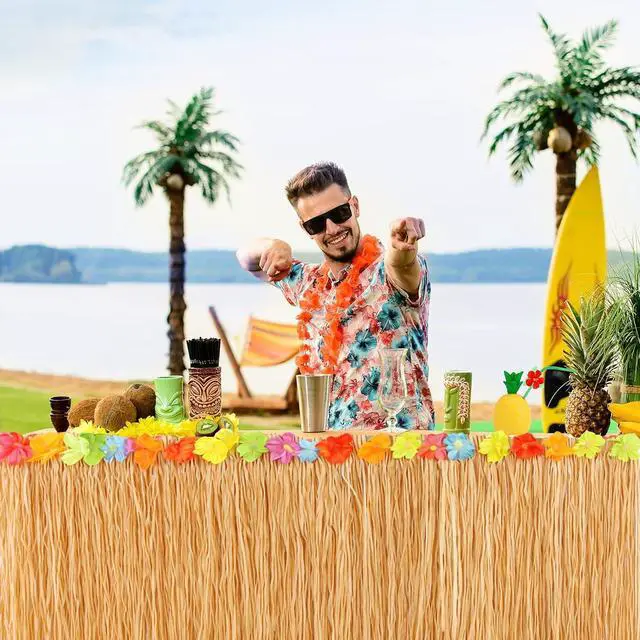 Alt view image 4 of 7 - GiftExpress 9 Feet x 29.5" Luau Grass Table Skirt - Hawaiian Theme Party Skirt with Hibiscous Flower Decoration - Fringe Raffia Natural Straw Colored Backdrop for Luau Tropical Theme Décor