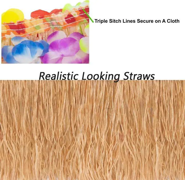 Alt view image 5 of 7 - GiftExpress 9 Feet x 29.5" Luau Grass Table Skirt - Hawaiian Theme Party Skirt with Hibiscous Flower Decoration - Fringe Raffia Natural Straw Colored Backdrop for Luau Tropical Theme Décor
