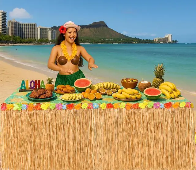 Alt view image 7 of 7 - GiftExpress 9 Feet x 29.5" Luau Grass Table Skirt - Hawaiian Theme Party Skirt with Hibiscous Flower Decoration - Fringe Raffia Natural Straw Colored Backdrop for Luau Tropical Theme Décor