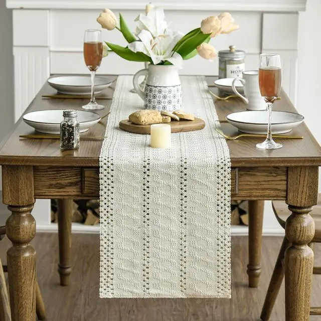 Alt view image 2 of 7 - Artoid Mode Beige Woven Farmhouse Hollow Table Runner 12x72 Inch | Holiday Rustic Kitchen Dining Dresser Coffee Table Decoration for Home Party Decor, Macrame Cotton Blend