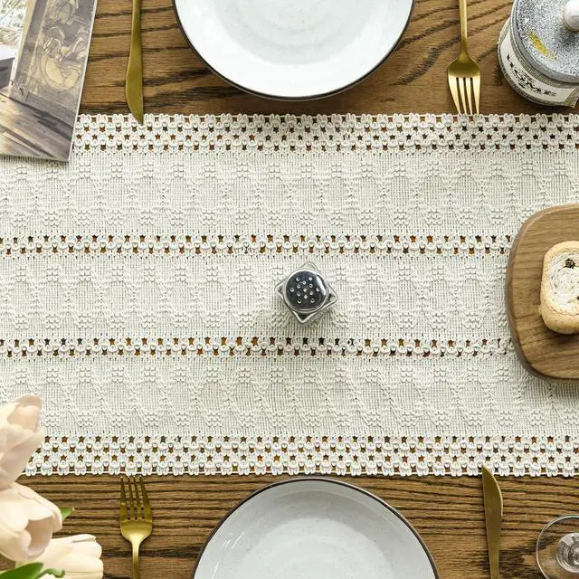 Alt view image 3 of 7 - Artoid Mode Beige Woven Farmhouse Hollow Table Runner 12x72 Inch | Holiday Rustic Kitchen Dining Dresser Coffee Table Decoration for Home Party Decor, Macrame Cotton Blend