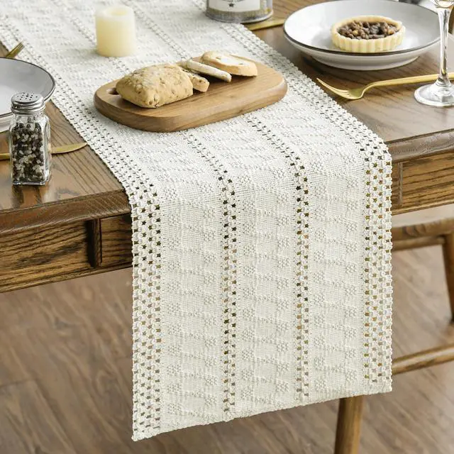 Alt view image 6 of 7 - Artoid Mode Beige Woven Farmhouse Hollow Table Runner 12x72 Inch | Holiday Rustic Kitchen Dining Dresser Coffee Table Decoration for Home Party Decor, Macrame Cotton Blend