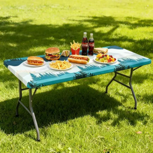 Alt view image 2 of 7 - Moosfor Printed Spandex 6FT Table Cloth, Elastic Fitted Tablecloth | Rectangle Patterned Table Cover, Stretch Washable Table Cloths for Picnic, Patio, Dining, Kitchen, Forest