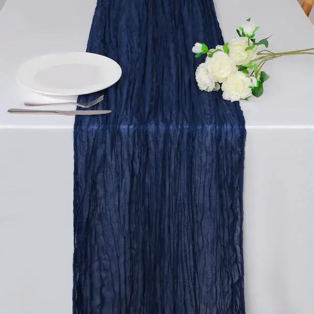Main image of Snowkingdom 10 Ft Navy Blue Cheesecloth Table Runner, 120 inch Long Cheese Cloth Boho Gauze Runner for Christmas Wedding Bridal Baby Shower Birthday Holiday Party Sheer Table Decorations