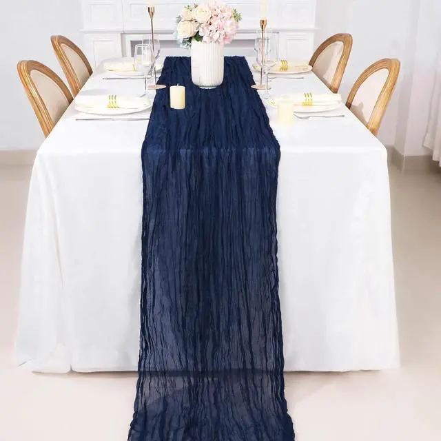 Alt view image 3 of 6 - Snowkingdom 10 Ft Navy Blue Cheesecloth Table Runner, 120 inch Long Cheese Cloth Boho Gauze Runner for Christmas Wedding Bridal Baby Shower Birthday Holiday Party Sheer Table Decorations