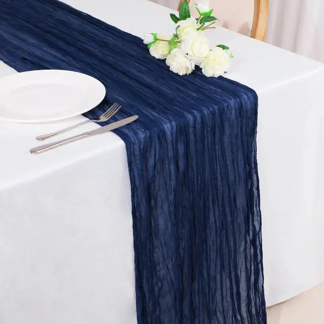 Alt view image 2 of 6 - Snowkingdom 10 Ft Navy Blue Cheesecloth Table Runner, 120 inch Long Cheese Cloth Boho Gauze Runner for Christmas Wedding Bridal Baby Shower Birthday Holiday Party Sheer Table Decorations