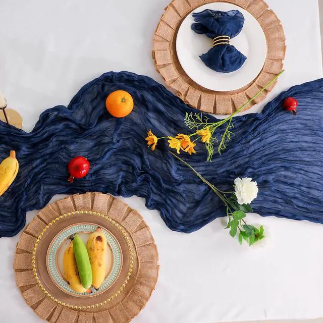 Alt view image 4 of 6 - Snowkingdom 10 Ft Navy Blue Cheesecloth Table Runner, 120 inch Long Cheese Cloth Boho Gauze Runner for Christmas Wedding Bridal Baby Shower Birthday Holiday Party Sheer Table Decorations