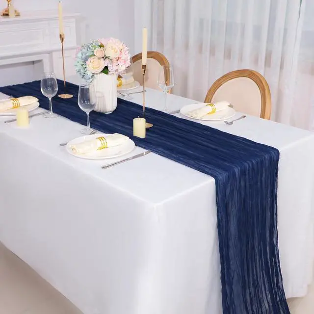 Alt view image 5 of 6 - Snowkingdom 10 Ft Navy Blue Cheesecloth Table Runner, 120 inch Long Cheese Cloth Boho Gauze Runner for Christmas Wedding Bridal Baby Shower Birthday Holiday Party Sheer Table Decorations