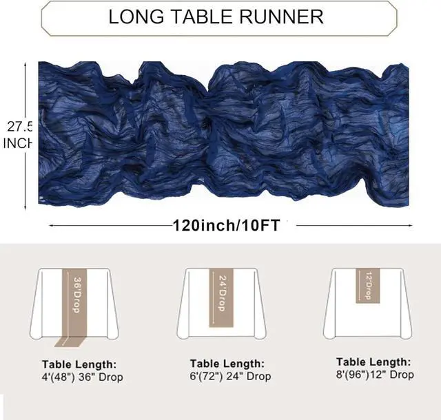 Alt view image 6 of 6 - Snowkingdom 10 Ft Navy Blue Cheesecloth Table Runner, 120 inch Long Cheese Cloth Boho Gauze Runner for Christmas Wedding Bridal Baby Shower Birthday Holiday Party Sheer Table Decorations