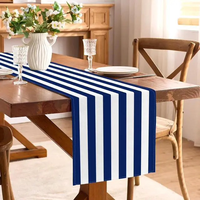 Alt view image 2 of 6 - Navy Blue and White Striped Table Runner Nautical Theme Birthday Party Decoration Wedding Dining Room Home Kitchen Table Decor (13" x 72")