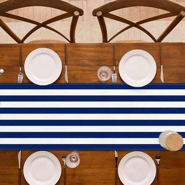 Alt view image 4 of 6 - Navy Blue and White Striped Table Runner Nautical Theme Birthday Party Decoration Wedding Dining Room Home Kitchen Table Decor (13" x 72")