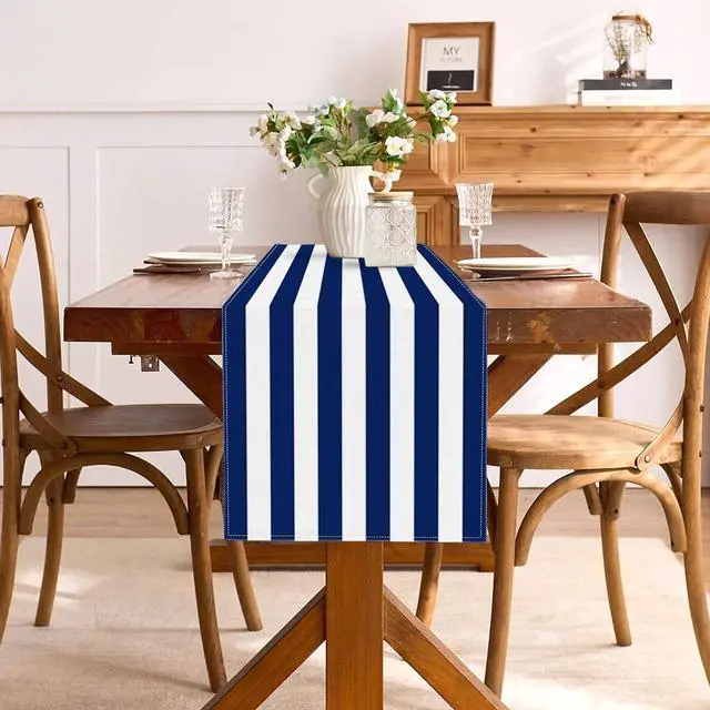 Alt view image 3 of 6 - Navy Blue and White Striped Table Runner Nautical Theme Birthday Party Decoration Wedding Dining Room Home Kitchen Table Decor (13" x 72")