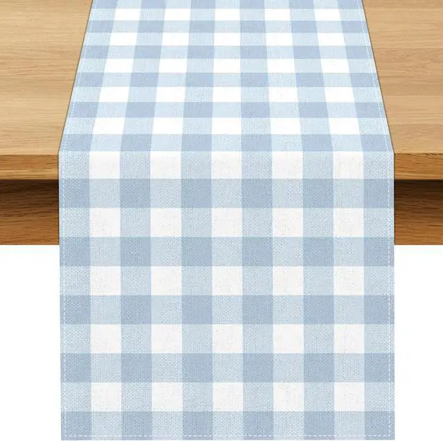 Main image of Dusty Blue Gingham Table Runner Blue Checkered Boy Girl Baby Shower Birthday Party Decoration Home Dining Kitchen Island Decor (13" x 72")