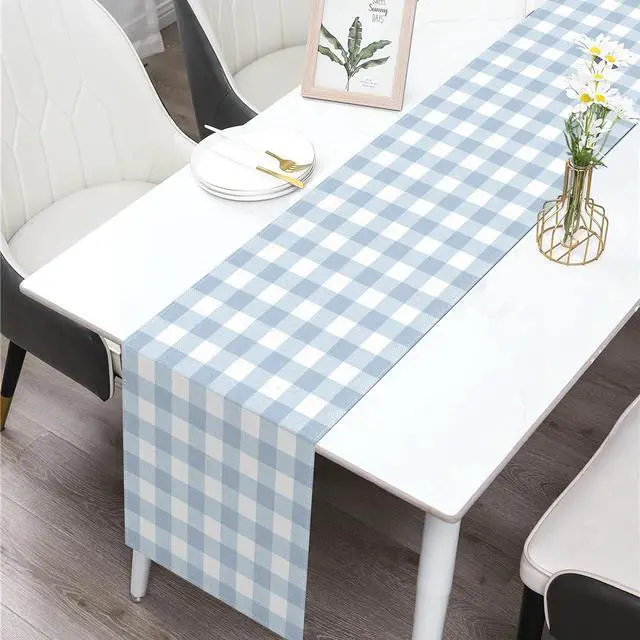 Alt view image 2 of 7 - Dusty Blue Gingham Table Runner Blue Checkered Boy Girl Baby Shower Birthday Party Decoration Home Dining Kitchen Island Decor (13" x 72")