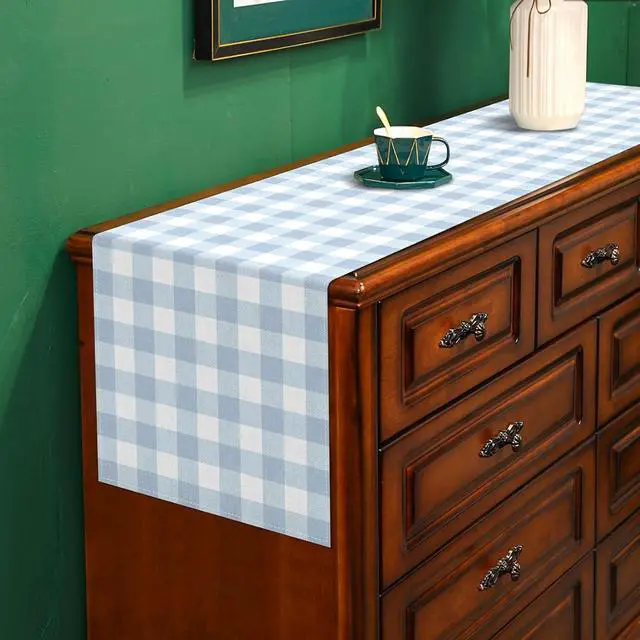 Alt view image 5 of 7 - Dusty Blue Gingham Table Runner Blue Checkered Boy Girl Baby Shower Birthday Party Decoration Home Dining Kitchen Island Decor (13" x 72")
