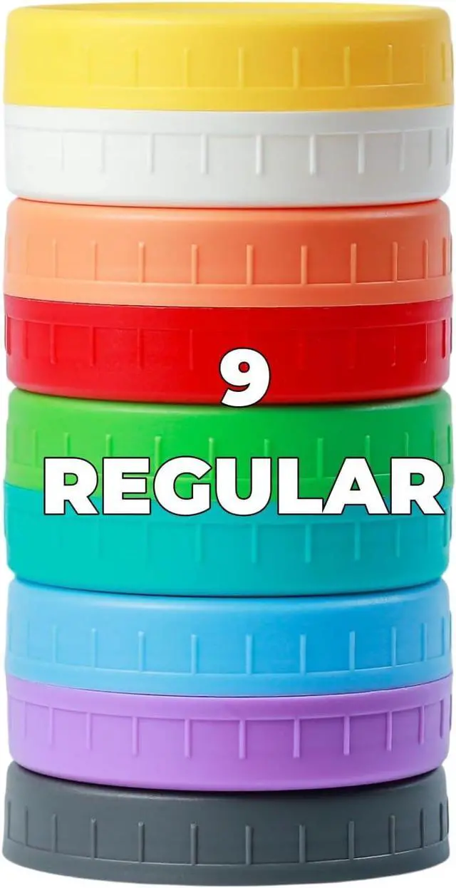 Main image of Bedgeta 9Pcs Mason Jar Lids, Regular Mouth Plastic Mason Lids, Leak Proof Canning Lid with Silicone Ring for Ball, Kerr and More, Reusable Can Tops, Colored Caps Covers for Jars