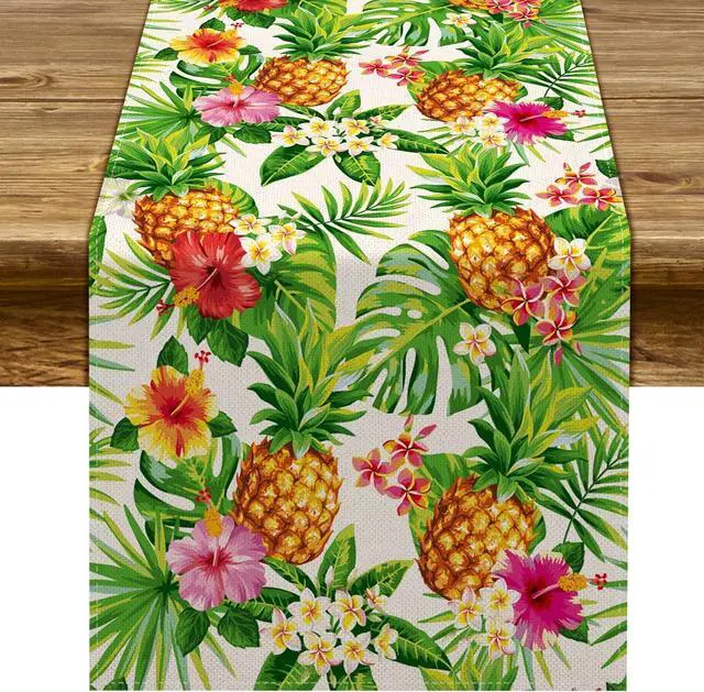 Main image of Linen Summer Pineapple Table Runner Tropical Hawaiian Luau Indoor Outdoor Party Table Cover Decoration Home Kitchen Dining Room (13" x 72")