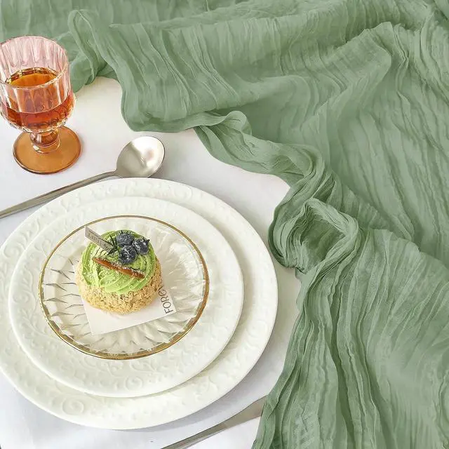 Alt view image 2 of 7 - IVAPUPU Sage Green Table Runner 120 Inches for Birthday Party Home Decor | 2 Pcs Boho Gauze 10FT Cheesecloth Table Runners for Wedding Baby Shower Decorations Summer Garden Farmhouse