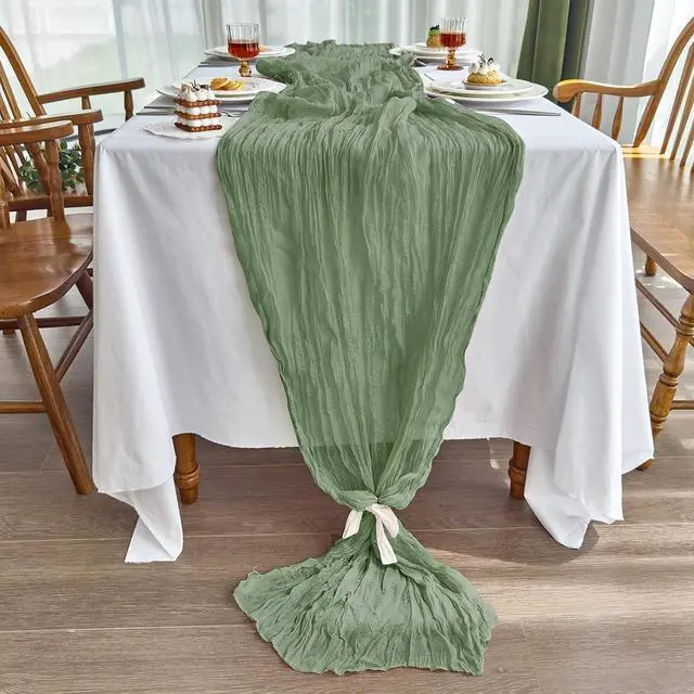 Alt view image 3 of 7 - IVAPUPU Sage Green Table Runner 120 Inches for Birthday Party Home Decor | 2 Pcs Boho Gauze 10FT Cheesecloth Table Runners for Wedding Baby Shower Decorations Summer Garden Farmhouse
