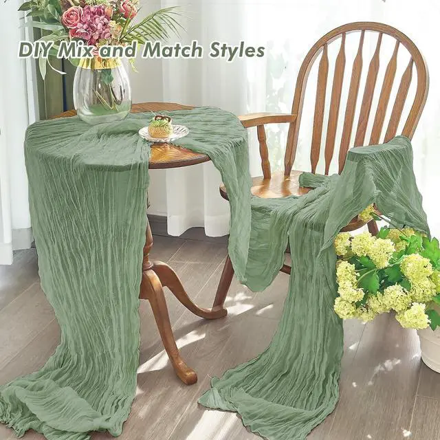 Alt view image 4 of 7 - IVAPUPU Sage Green Table Runner 120 Inches for Birthday Party Home Decor | 2 Pcs Boho Gauze 10FT Cheesecloth Table Runners for Wedding Baby Shower Decorations Summer Garden Farmhouse