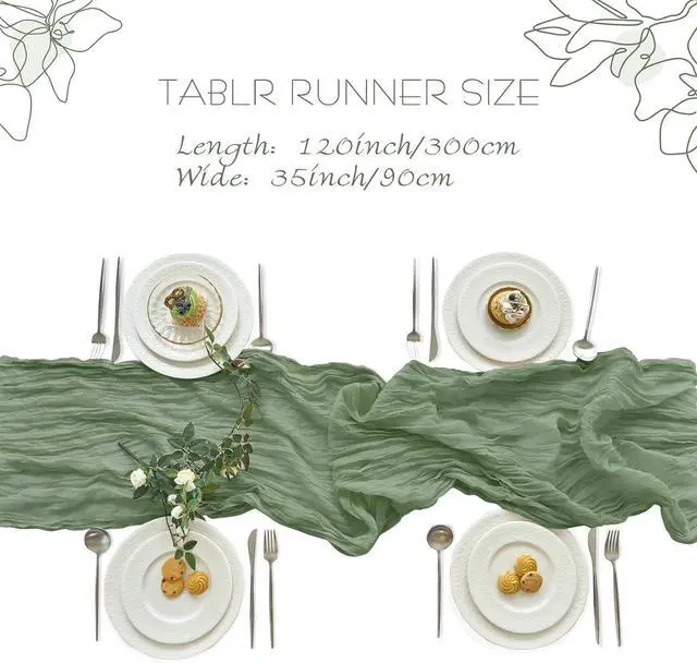 Alt view image 5 of 7 - IVAPUPU Sage Green Table Runner 120 Inches for Birthday Party Home Decor | 2 Pcs Boho Gauze 10FT Cheesecloth Table Runners for Wedding Baby Shower Decorations Summer Garden Farmhouse