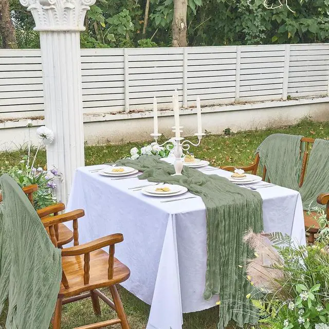 Alt view image 7 of 7 - IVAPUPU Sage Green Table Runner 120 Inches for Birthday Party Home Decor | 2 Pcs Boho Gauze 10FT Cheesecloth Table Runners for Wedding Baby Shower Decorations Summer Garden Farmhouse